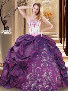 Purple Ball Gowns Embroidery Sweet 16 Dress Lace Up Taffeta Sleeveless Floor Length